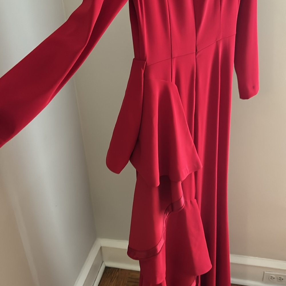 Badgley Mischka Red Long Sleeve Front Ruffle Gown Size  8 - Picture 8 of 11